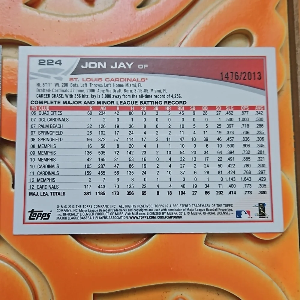 Topps Jon Jay Saint Louis Cardinals #224 Gold Foil and #148 Chrome 2 Pk
